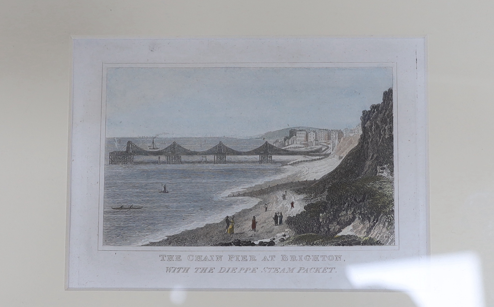 Five 19th century engravings and prints of Brighton Chain pier, some hand coloured including, ‘Chain pier’, publ. J Cordwell, ‘Dieppe steam packet ship’ and one other after R.H Nibbs, printed by C. Moody, largest size 23